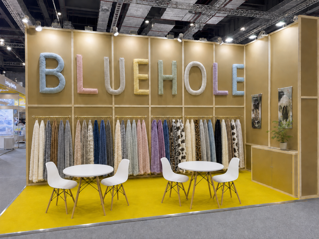 Bluehole Textile booth displaying plush and faux-fur fabric rolls