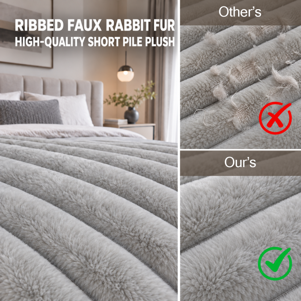 Ribbed faux rabbit fur short pile plush blanket with quality comparison close-ups